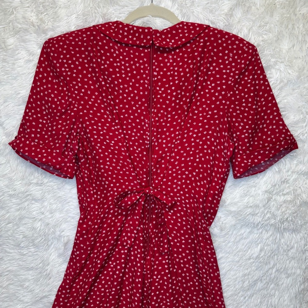 VTG Sunshine Starshine Red 80's Print Dress Peter Pan Collar Pleated sz 12 - Picture 7 of 10
